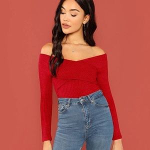 Shein cross wrap rib knot Bardot bodysuit red S